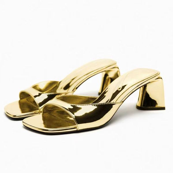 

women's shoe designer 2023 fashion outwear square head gold plated metal exposed toe thick high heel slippers, Black