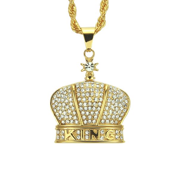 

hip hop rapper shiny diamond pendant gold necklace king crown pendant micro-inset zircon jewelry 76cm night club accessory sweater rope chai, Silver