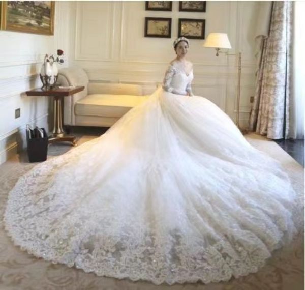

long sleeves pearls tulle princess bridal ball gowns plus size country vintage lace millanova wedding dresses elegant summer beach boho a li, White