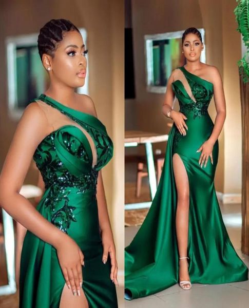 

hunter green one shoudler neckline evening dresses high side split long sweep vestidos de fiesta arabic aso ebi prom dress2771943, Black