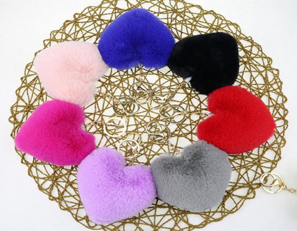 

9 color heart ball pom pom keychain fluffy faux rabbit fur pompom key chains women bag pendant jewelry key chains party gift kjj113374494, Red;brown