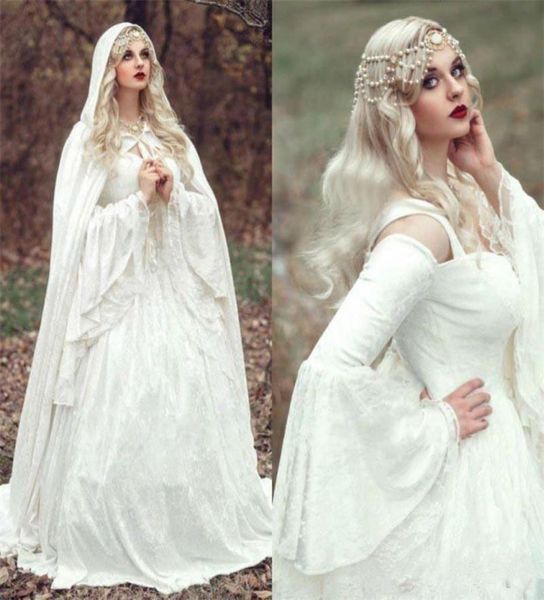 

renaissance gothic lace wedding dresses with cloak plus size vintage bell long sleeve celtic medieval princess aline wedding brid4795446, White