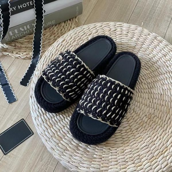 

famous slippers ladies knitted straw one word slippers summer outside wear sandals 2023 new fashion thick bottom comfortable slippers, Black