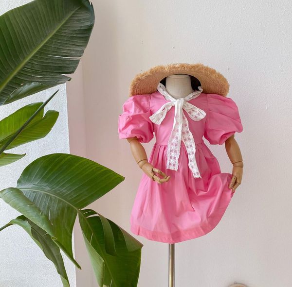 

girls puff short sleeve dresses ins summer children waist hollow princess dress kids cotton clothing a68826651364, Red;yellow