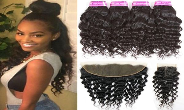 

brazilian virgin human hair bundle water wave 4 bundles with lace closure big curly hair weave bundles with closures frontal closu9226858, Black
