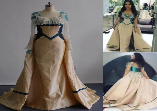 

2017 champagne prom dresses mixtured with green tone mermaid sheer bateau neckline long sleeved evening gowns with detachable puff5776780, Black