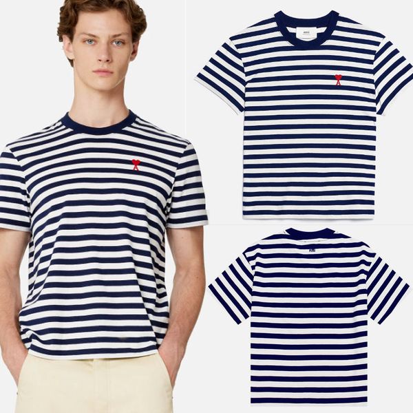 

designer ami de coeur embroidery striped t-shirt in organic cotton jersey classic fit mens t-shirts casual summer short sleeve man tee woman, White;black