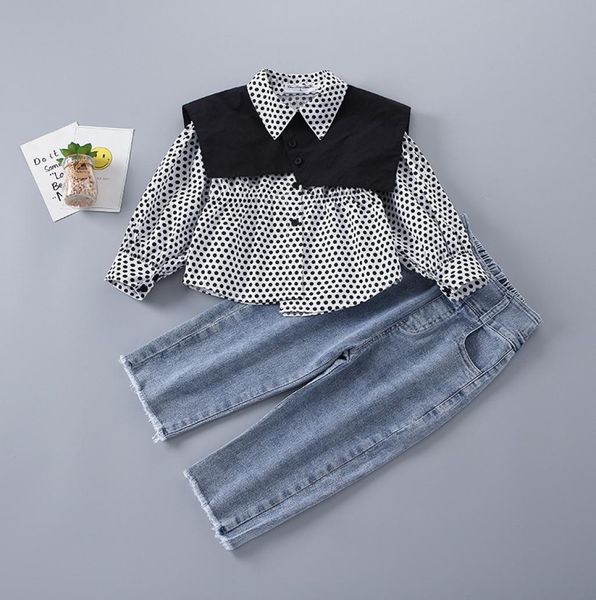 

2021 new spring kids girls 2pcs sets polka dot long shirts denim pants children jeans casual style clothes e20352379107, White