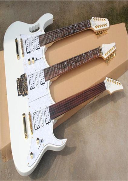 

3 necks white body electric guitar with tremolo bridgefixed bridgegolden hardwarecan be customized6089367