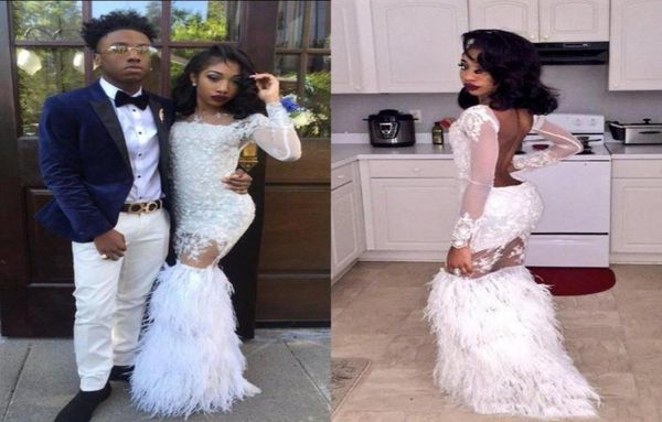 

african black girls mermaid prom dresses feather skirt lace bodice illusion long sleeves evening gown backless formal 2019 winter5187721