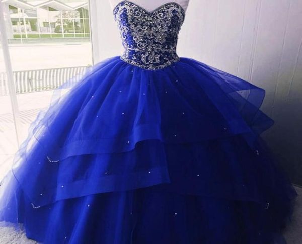 

royal blue bling crystal quinceanera prom dresses ball gown sweetheart layers tulle rhinestones corset sweet 16 party dre4140023, Blue;red