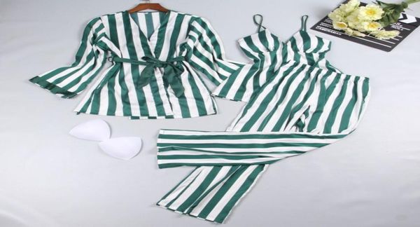 

satin sleepwear female women pajamas sets fashion spaghetti strap stripes sleep lounge summer home clothing pijama 3 piece s19650789, Red;black
