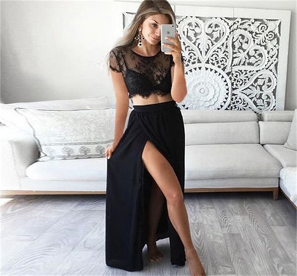 

aline long prom dress twopiece black lace chiffon short sleeve sheer neck evening dress with side slit floor length 403076
