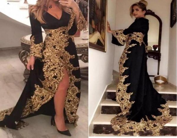 

kaftan dubai style muslim evening dresses long sleeves black velour gold appliques ladies formal prom gowns abiye gece elbisesi8828134, Black;red