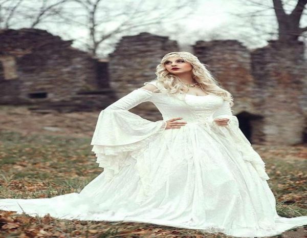 

renaissance gothic lace ball gown wedding dresses with cloak plus size bell long sleeve celtic medieval princess vintage bridal go4910490, White