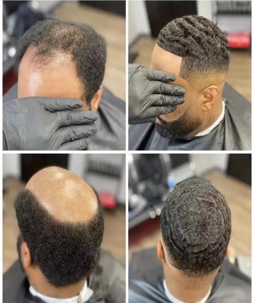 

10mm 6mm deep curly toupee human hair skin thin base unit system men hairpiece pu 360 wave afro male toupees replacement for man4043928, Black