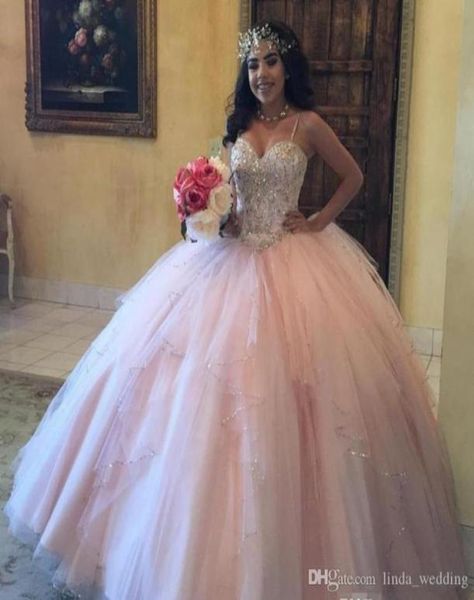 

2019 chic pink ball gown quinceanera dress spaghetti straps tulle sweet 16 ages long girls party pageant gown plus size custom mad8557547, Blue;red