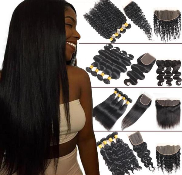

8a straight brazilian human hair 4 bundles with closure body deep water wave virgin hair bundles with lace frontal kinky curly ext6207185, Black;brown