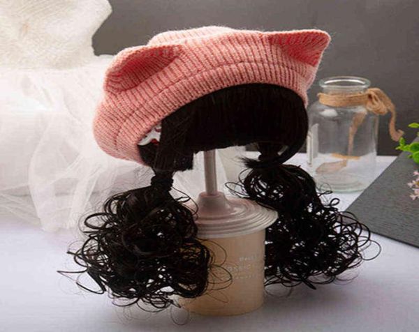 

kids girls knitted beret hat long hair braid wig cap autumn winter warm fashion outdoor children baby hats and caps l2207288468212, Yellow