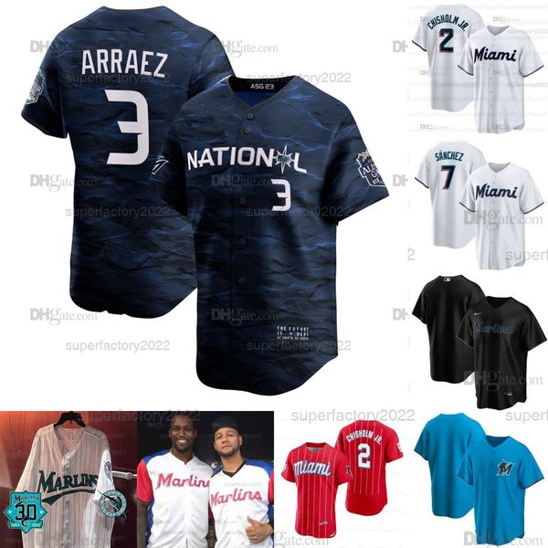 

miami luis arraez 2023 all star jersey marlins jersey jazz chisholm jr.jorge soler sandy alcantara jesus sanchez avisail garcia jesus luzard, Blue;black