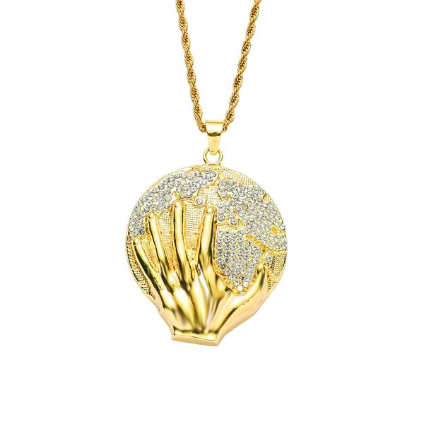 

hip hop rapper shiny diamond pendant gold necklace hold the earth in hand pendant copper micro-inset zircon jewelry 50cm night club accessor, Silver
