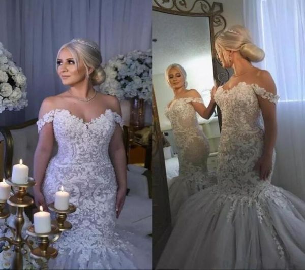 

country off the shoulder mermaid wedding dresses new lace appliques crystal bridal gowns tulle beach vintage wedding wear7065800, White