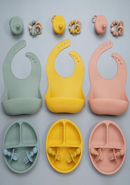 

6pcs gift set bpa food grade baby silicone bib fork spoon dishes plate bowl baby feeding supplies newborn accessories y2007103654606