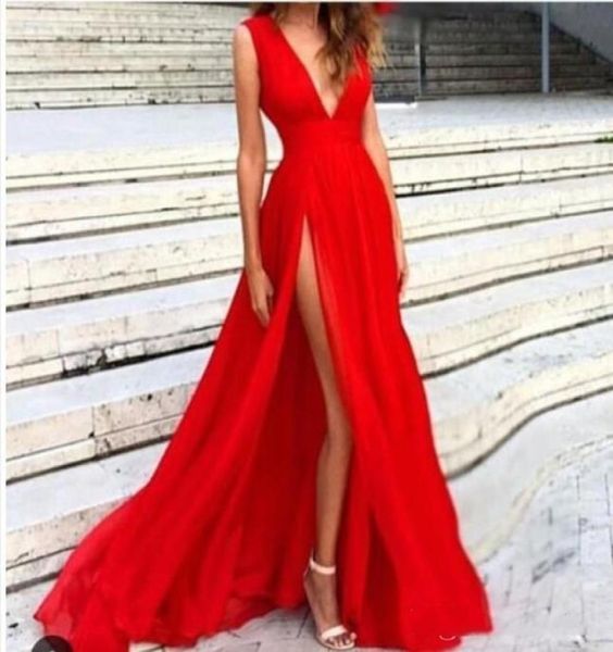 

slit red prom dresses high thigh split evening dresses long party gowns a line deep v neck chiffon graduation dresses maxi dr5501046, Black