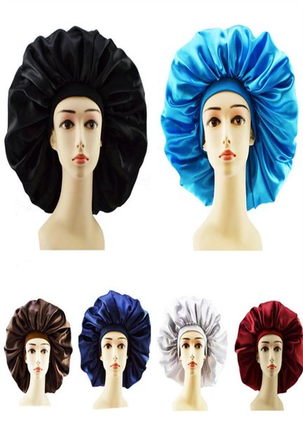 

women sleeping hat nightcap solid color new soft silk widebrimmed elastic headband shower cap satin long hair care bonnet hats to8290805, Yellow