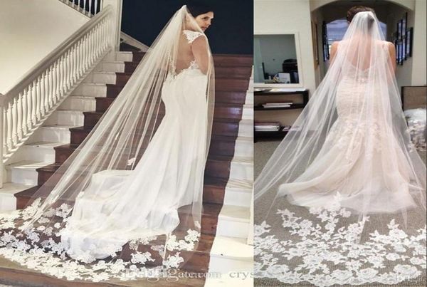 

romantic white ivory in stock long chapel length bridal veil appliques veu de noiva longo 3 m wedding veil lace purfle wi6940539, Black
