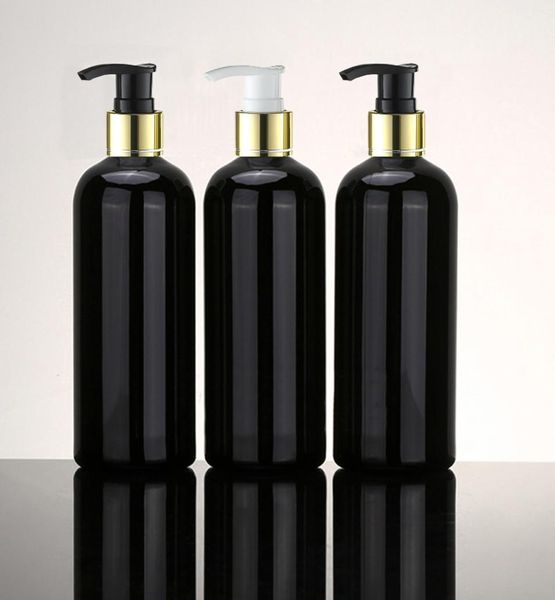

12pc 400ml empty black cosmetic pet aluminum lotion bottles gold collar aluminium pump shampoo bottle packaging container5238034