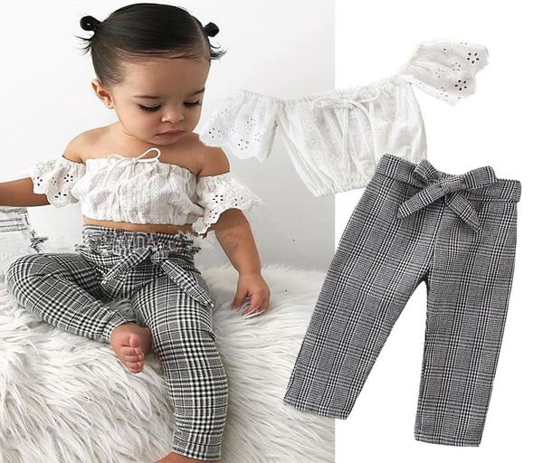 

summer baby girls suit set toddler baby girls sleeveless off shoulder and plaid pants bows two piece sets outfits3009019, White