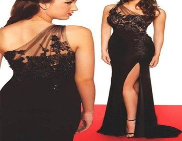 

black slit one shoulder evening dresses applique lace crystal summer chiffon formal evening gowns prom party dress9172996, Black;red