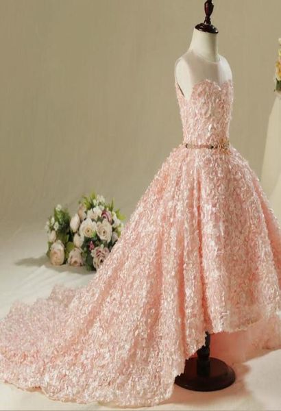 

2019 cute pink lace hi low flower girls dresses jewel ball gown with sash gilrs pageant gown first communion dresses8567369, White;blue