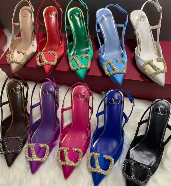 

designer v sandals satin high heel sandals women's pointed toe stiletto simple casual fashion versatile, Black