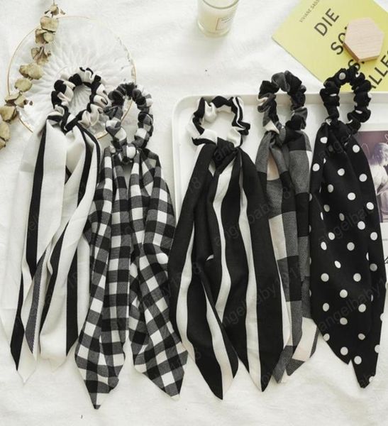 

bow hair scrunchies women hair scarf tie rope rubber bands long streamer ponytail holder hair accessories striped dot plaid option9827788, Slivery;white