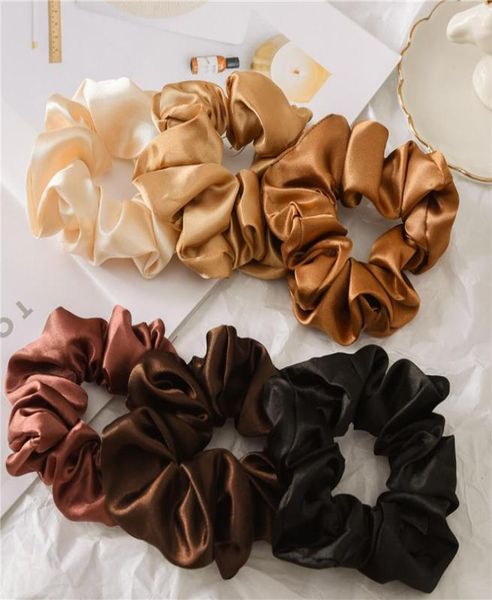 

women silk scrunchie elastic handmade multicolor hair band ponytail holder headband accessories satin solid color9034164, Black;brown