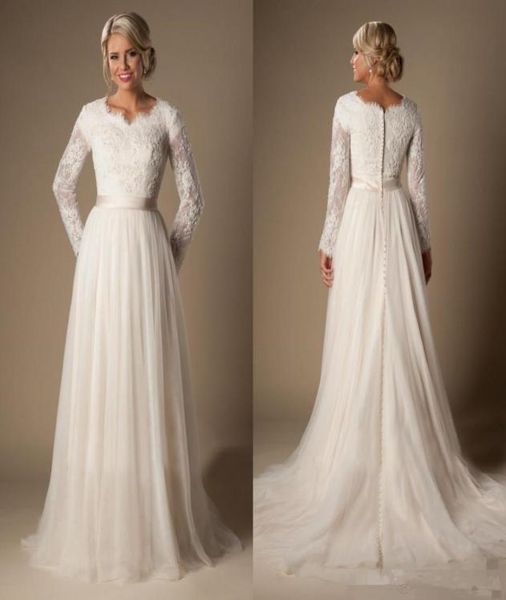 

new modest aline lace tulle temple wedding dresses long sleeves vneck sheer sleeves trains buttons back bridal gown plus size ar4739104, White
