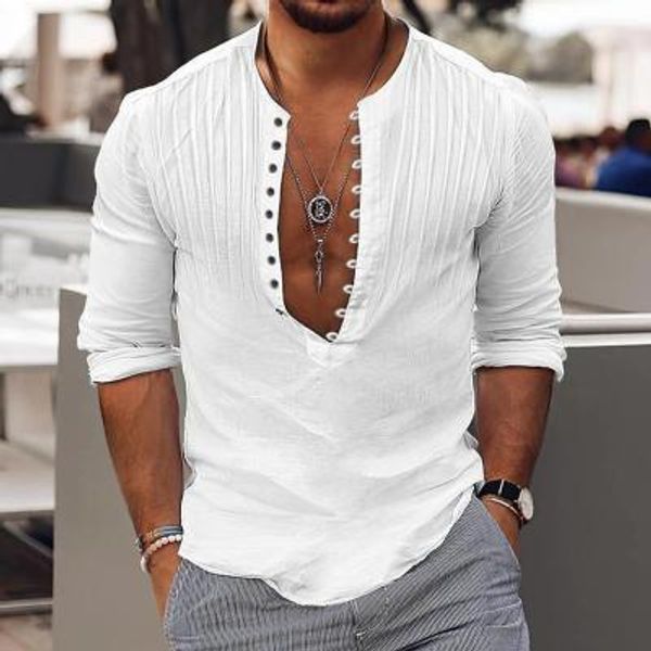 

men's polos casual loose button cotton round neck shirt 230630, White;black