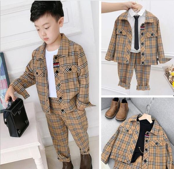 

2021 children039s suit set casual boy jacket coat twopiece yellow plaid coatpants6868587, White