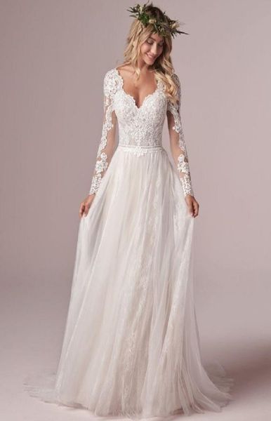 

bohemian long sleeve wedding dresses v neck tulle lace boho bridal dresses beach summer plus wedding gowns low back vestido de nov4398418, White