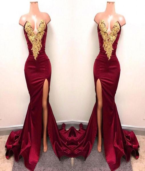 

new design 2020 burgundy prom dresses with gold lace appliqued mermaid front split for long party evening wear gowns1869319, Black