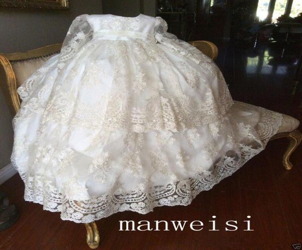

chic 2018 long sleeve christening gowns for baby girls lace appliqued beads baptism dresses with bonnet first communication dress8845245, White