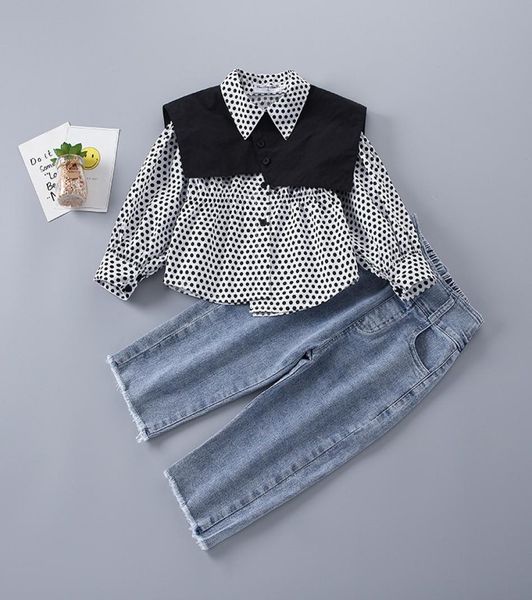 

2021 new spring kids girls 2pcs sets polka dot long shirts denim pants children jeans casual style clothes e20351711639, White