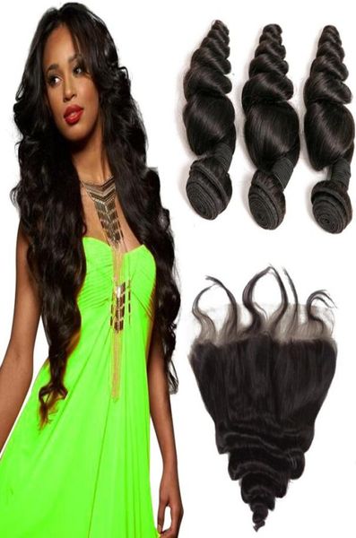 

msjoli brazilian peruvian loose wave bundles with frontal closure 10a remy human hair weave extension pre plucked lace frontal wit6840213, Black;brown