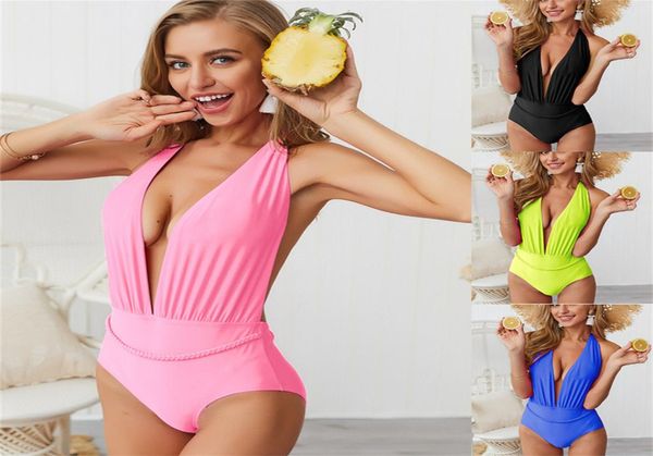 

solid color monokini women halter one piece swimwear water sports gear female high waist swim wear deep vneck beach wear6223761
