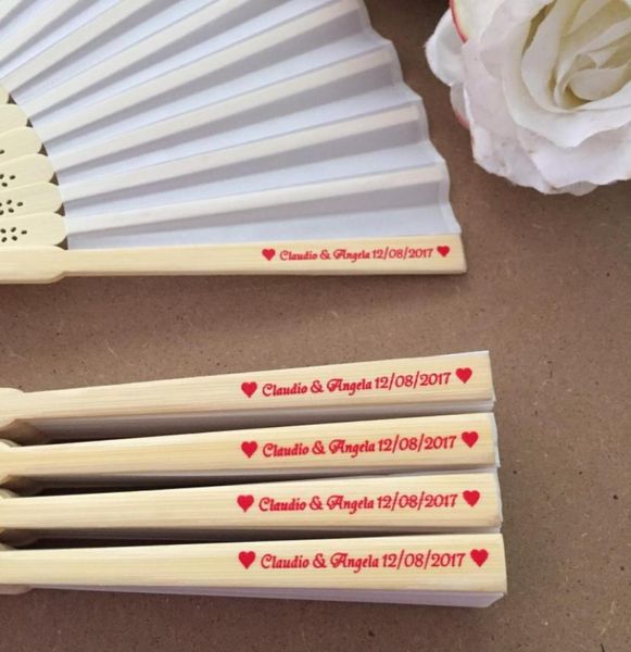 

50pcslot personalized bride groom039s name and date wedding silk hand fan with organza gift bags in 5colors av4627095, White