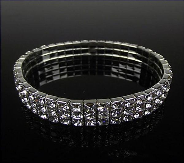 

discount bridal bracelet 2019 bridal jewelry 3 row silver rhinestone bling bling crystal stretch bangle women party prom wedding a4960311, White