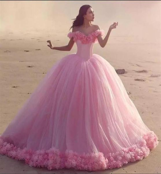 

2020 pink wedding dresses princess 3dfloral appliques big puffy modest bridal gowns short sleeve plus size ball gown wedding dres5304034, White