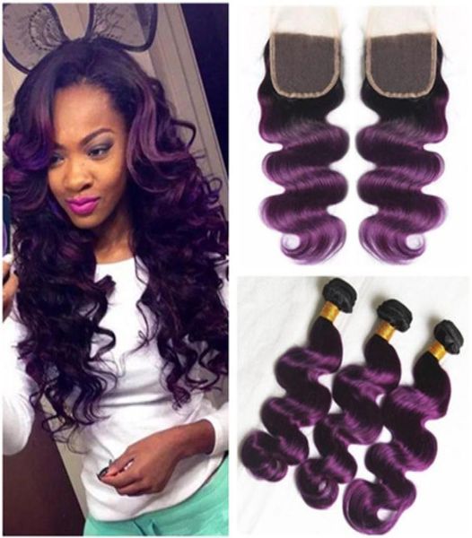 

virgin brazilian ombre purple human hair weaves with closure body wave 1bpurple dark root ombre 3bundles with 4x4 lace closure 4p3060477, Black;brown